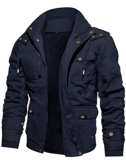 Men'S Thickened Warm Mid-Length Heavyweight Jacket with Detachable Hood - Multiple Zippered Pockets, Casual Outdoor Workwear, Polyester Lined, Button-Up Front, Regular Fit for Cold Weather, Winter Outerwear | Functional Desig