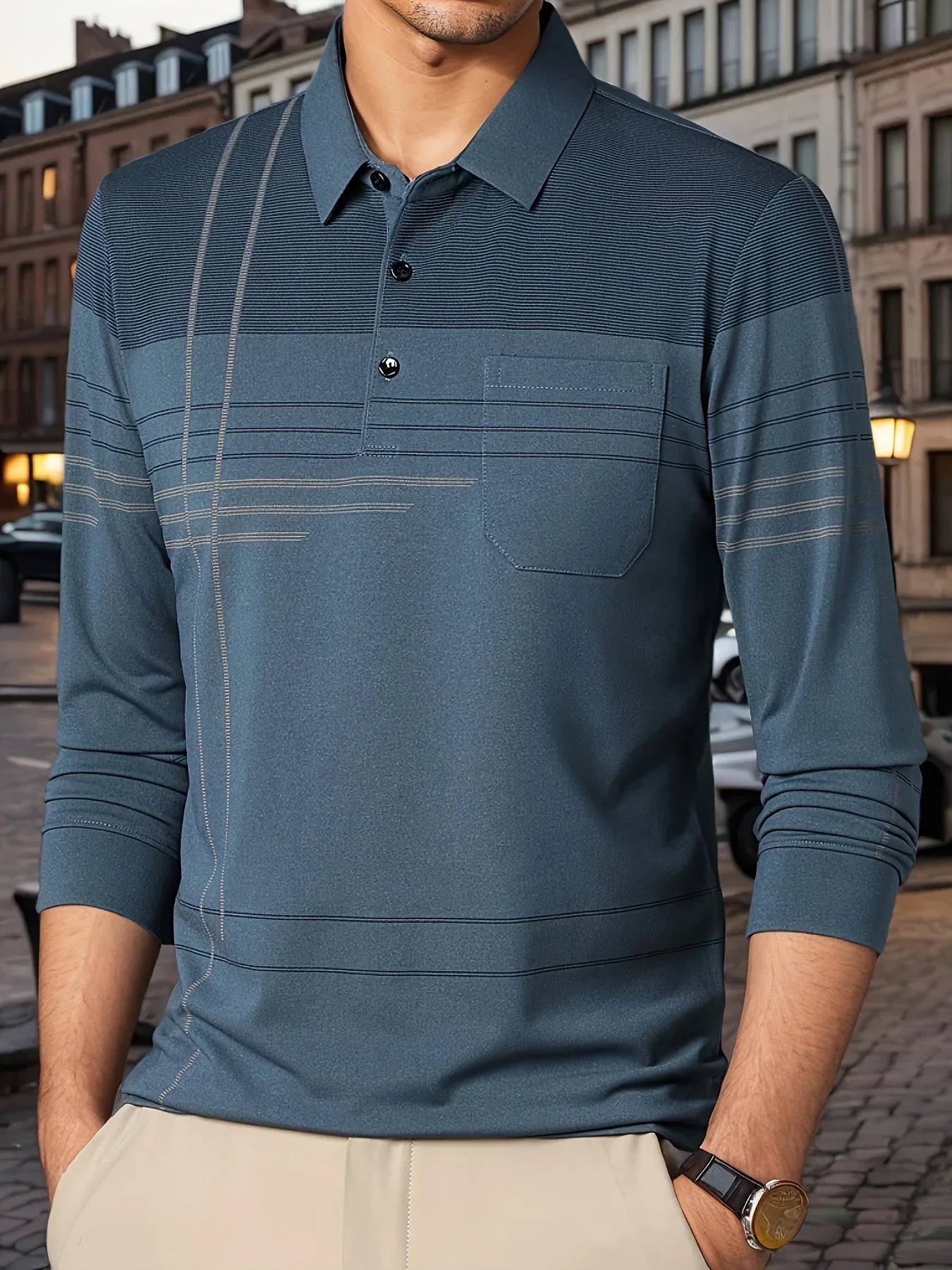 Men's Vintage-Inspired Striped Shirt with Chest Pocket - Breathable, Long Sleeve, Button Detail for Golf & Outdoor Activities