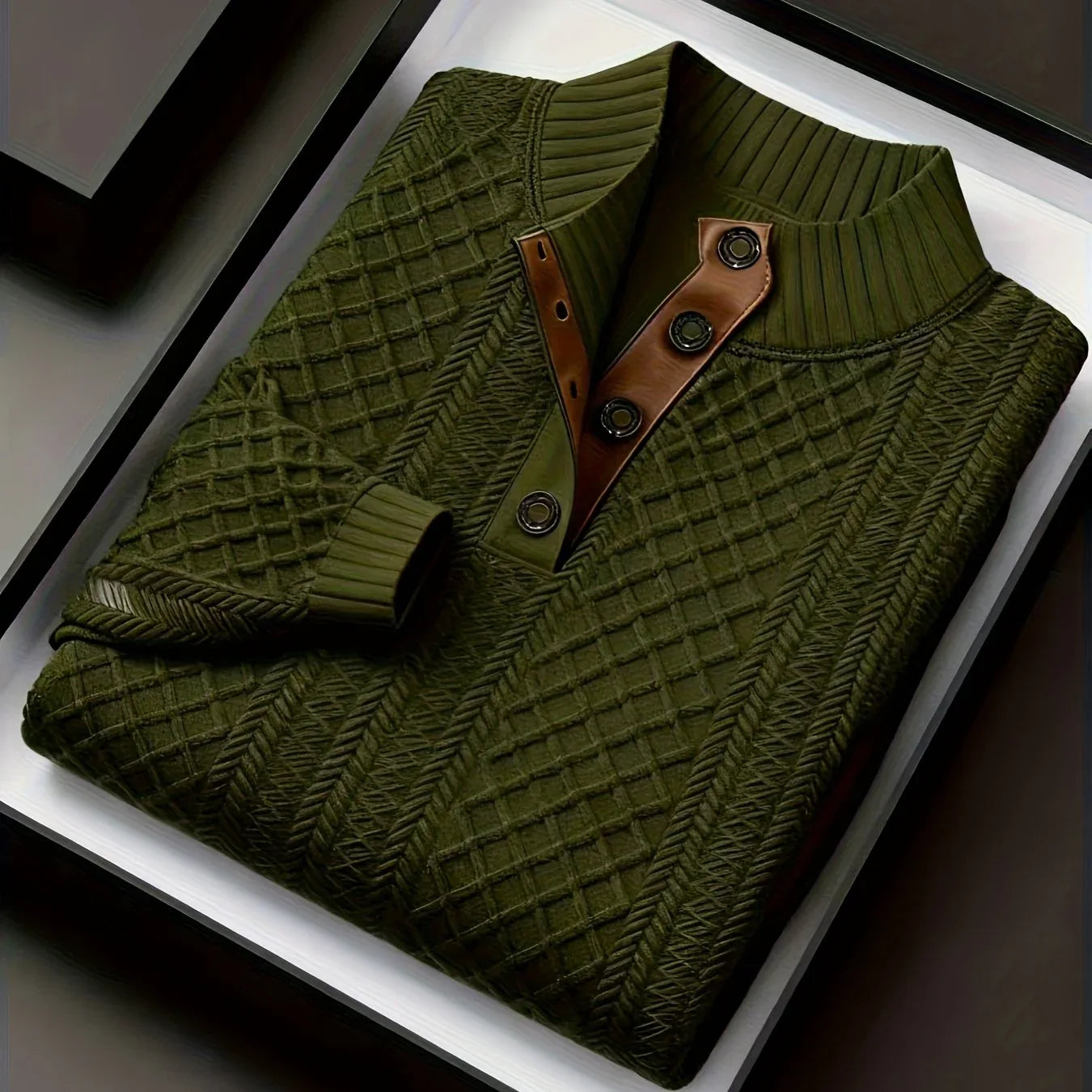Men'S Autumn-Winter Christmas Stand Collar Jacquard Knit Sweater | Casual Style, 280g/m², High Collar, Button Details, Suitable for Outdoor Leisure and Holiday Gifts