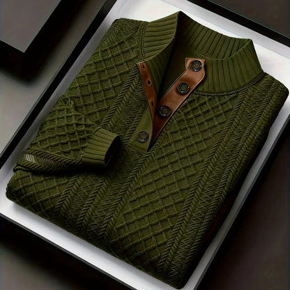 Men'S Autumn-Winter Christmas Stand Collar Jacquard Knit Sweater | Casual Style, 280g/m², High Collar, Button Details, Suitable for Outdoor Leisure and Holiday Gifts