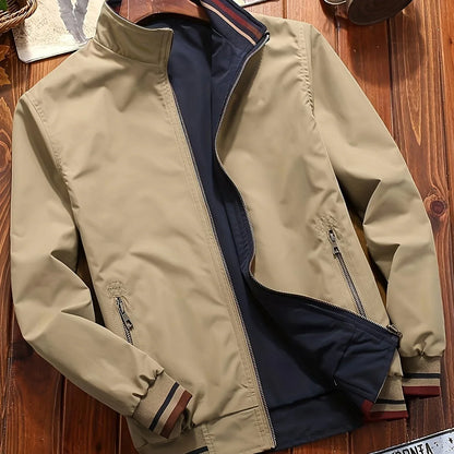 Men's Zip-Up Jacket with Stand Collar - Front Zipper Closure, Beige/ Navy Color Block, Lightweight Polyester Outer Coat for Casual & Formal Events - Machine Washable Everyday Outerwear