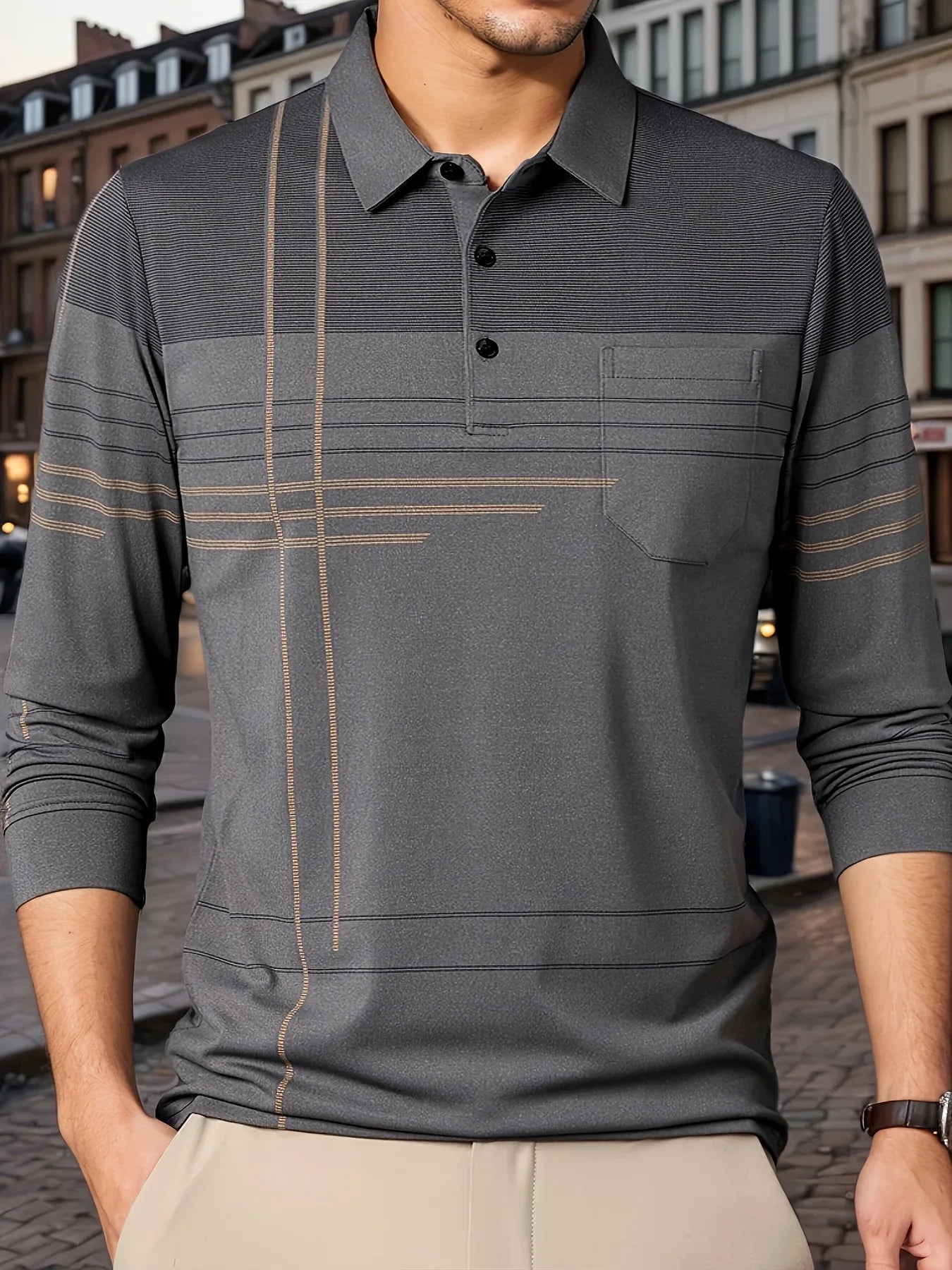 Men's Vintage-Inspired Striped Shirt with Chest Pocket - Breathable, Long Sleeve, Button Detail for Golf & Outdoor Activities