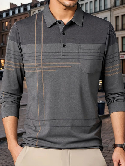 Men's Vintage-Inspired Striped Shirt with Chest Pocket - Breathable, Long Sleeve, Button Detail for Golf & Outdoor Activities