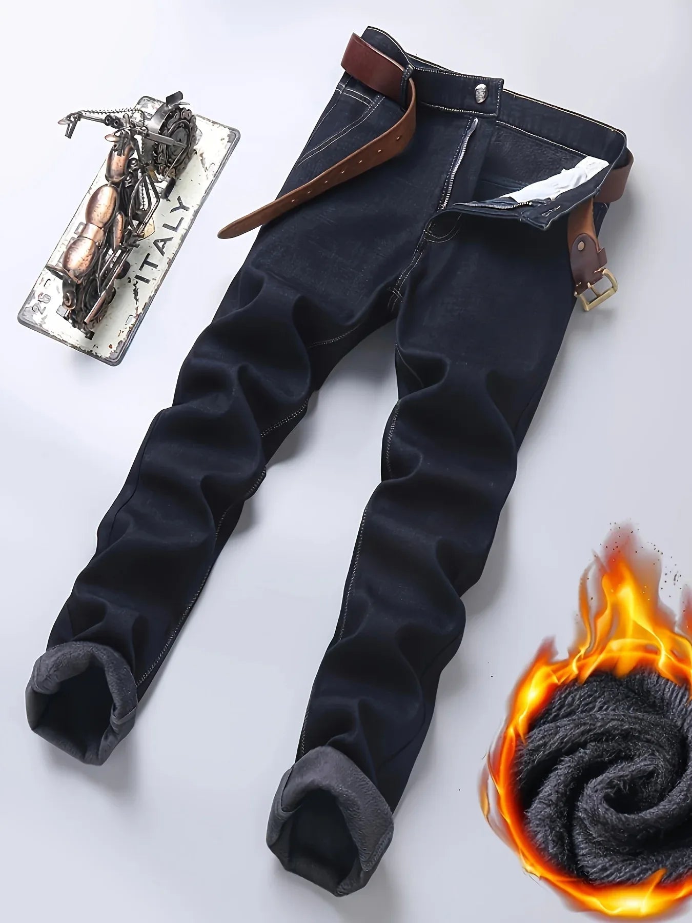 Men'S Heavy-Duty Thermal Faux Denim - Winter Warmth Thickened Pants with Straight-Leg Fit, Classic Blue Washed Look for Work, Casual & Formal Outfits - Non-Stretch Faux Denim for Cold Weather (Fall/Winter), Winter Faux Denim,