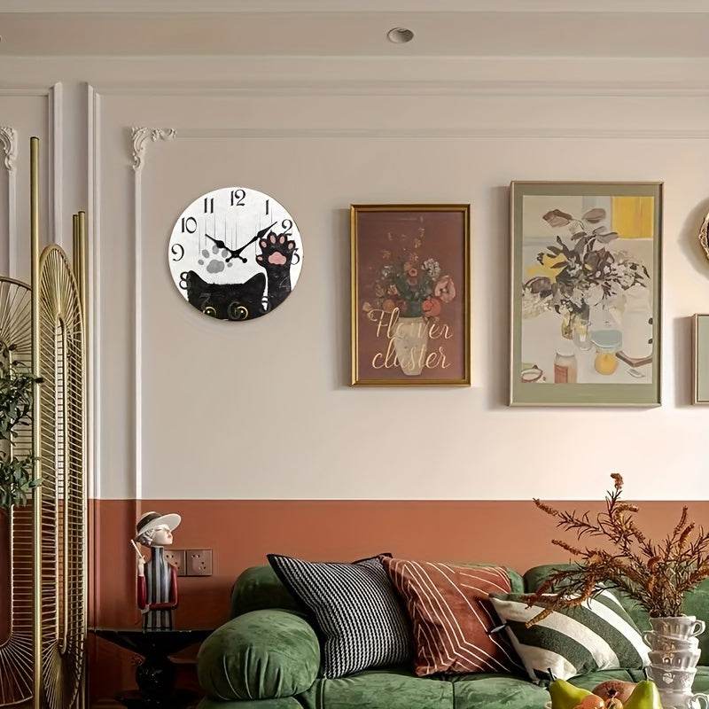 Charming Cat Wooden Silent Wall Clock Battery Powered - Montero Milan