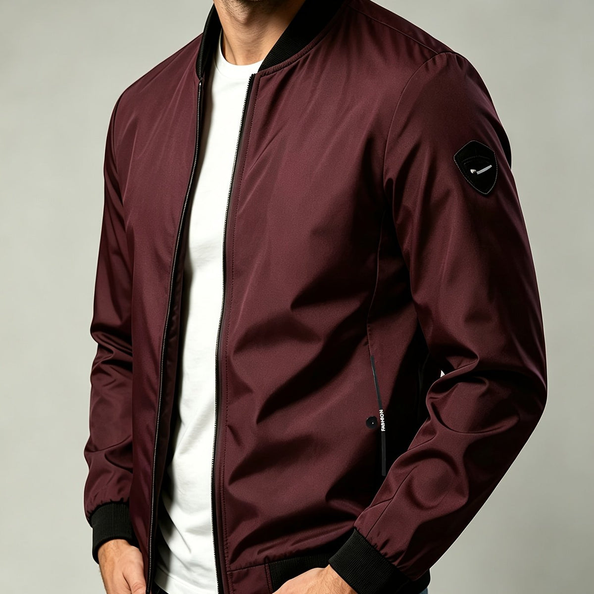 Men'S Autumn Herringbone Jacket Lightweight Windproof Casual Coat, Slim Fit Business Commute Top, Suitable for Travel, Walking, And Office Wear, Spring/Autumn Multi-Color Versatile Solid Color Windproof Outerwear, Ideal for Fitness, Running, Sports - Burgundy / NZ 32