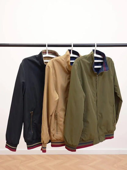 Men's Zip-Up Jacket with Stand Collar - Front Zipper Closure, Beige/ Navy Color Block, Lightweight Polyester Outer Coat for Casual & Formal Events - Machine Washable Everyday Outerwear