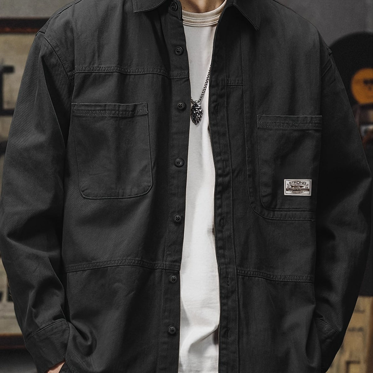 Men'S Cargo Shirt Spring Autumn Long Sleeve Top Vintage Workwear Style Multi-Pocket American Casual Top Outerwear, New Season - Black / NZ 34