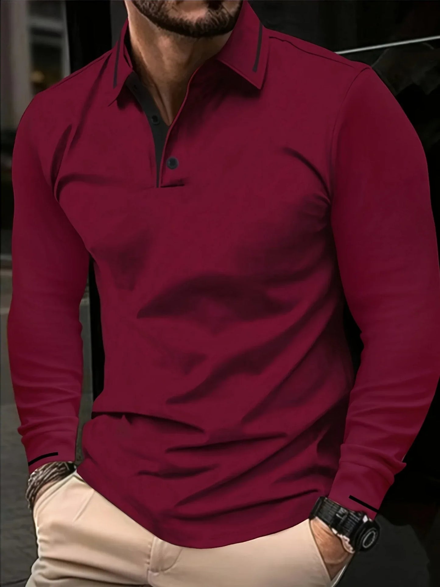 Ribbed Stretch Long Sleeve Polo