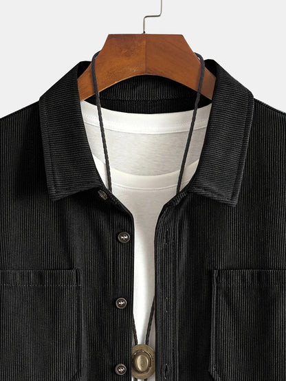Men'S Corduroy Casual Shirt Jacket - Classic Collar, Button-Up Long Sleeve with Double Chest Pockets, Light Blue, Perfect for Spring & Fall, Everyday Fashion, Street Style, and Office Wear