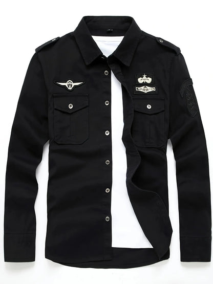 Autumn Long Sleeve Shirt for Men, Outdoor Plus Size Military Style Loose Fit Top, Pure Cotton High-Density Twill Casual Workwear Shirt, Thin Twill Long Sleeve Workwear