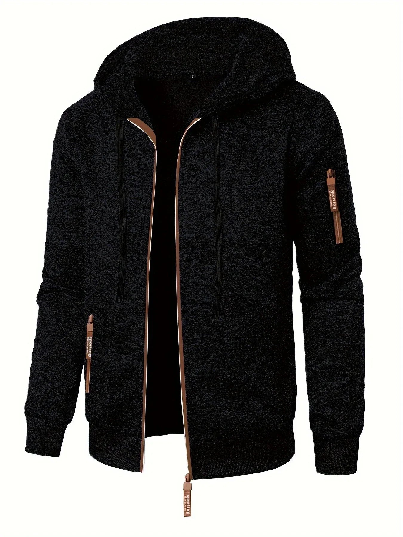 Men'S Hooded Zip-Up Sweater Jacket - Long Sleeve Thin Fleece-Lined Casual Outerwear with Front Pockets, Solid Black, Regular Fit for Fall & Winter, Autumn Winter Apparel | Hooded Sweater | Zippered Jacket, Knit, Men Hoodie Zi