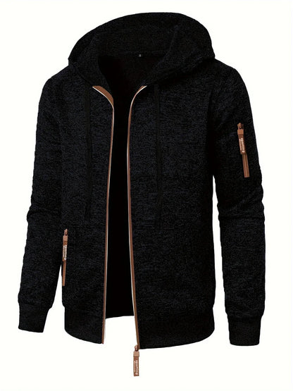 Men'S Hooded Zip-Up Sweater Jacket - Long Sleeve Thin Fleece-Lined Casual Outerwear with Front Pockets, Solid Black, Regular Fit for Fall & Winter, Autumn Winter Apparel | Hooded Sweater | Zippered Jacket, Knit, Men Hoodie Zi