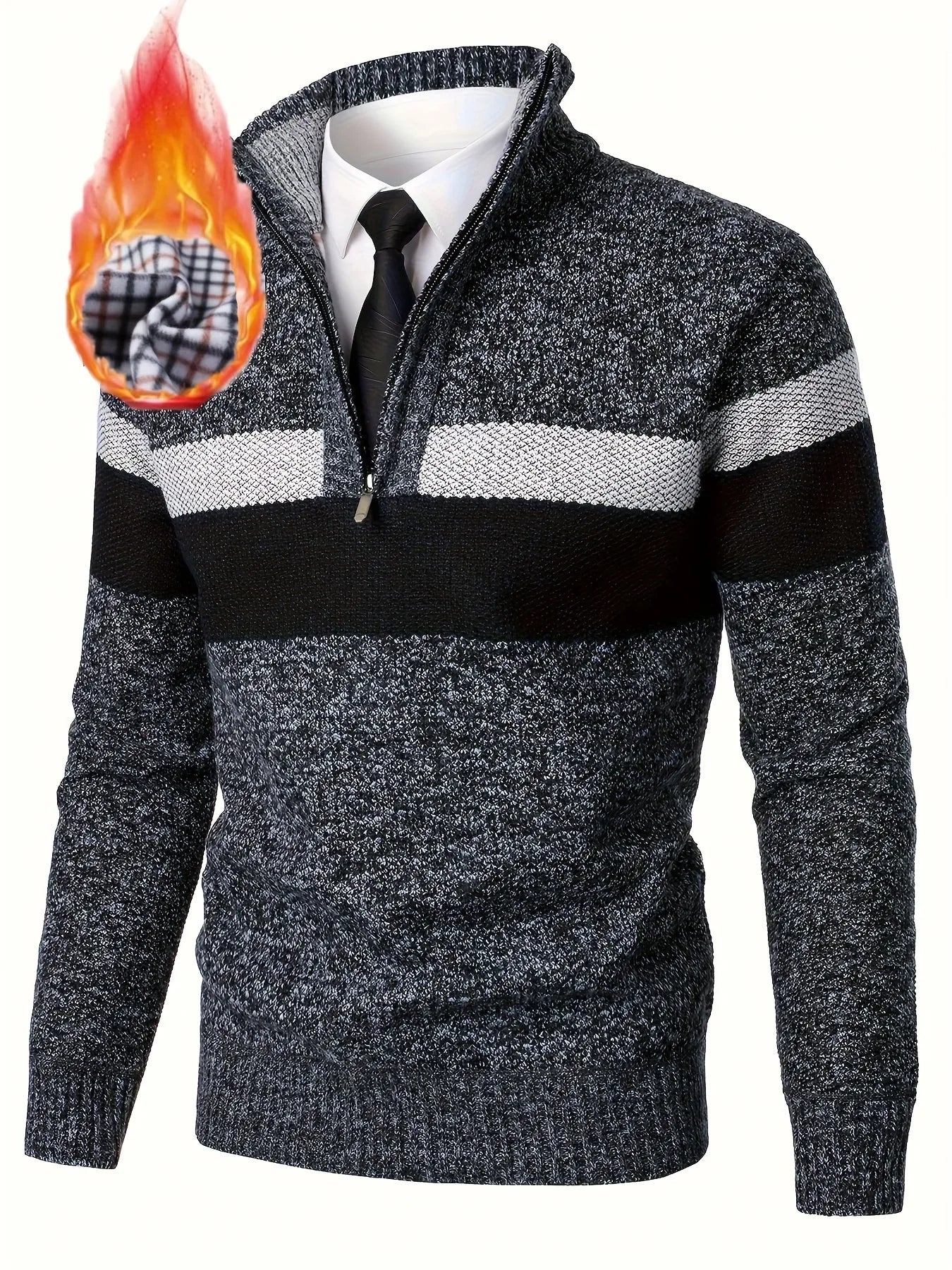 Men'S Color-Blocked Stand Collar Thickened Knitted Pullover Sweater