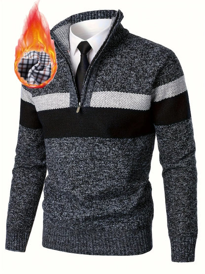 Men'S Color-Blocked Stand Collar Thickened Knitted Pullover Sweater