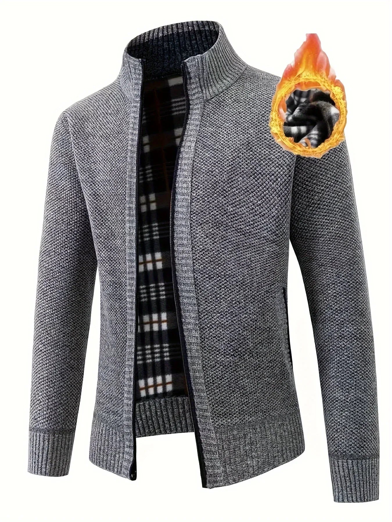 Men'S Thick Fleece Zip-Up Cardigan - Casual Long Sleeve Knit Sweater with Stand Collar, Solid Color, Regular Fit for Fall/Winter, Comfortable Layering Piece, Winter Cardigan, Autumn Outerwear, Modern Casualwear, Durable Fabri