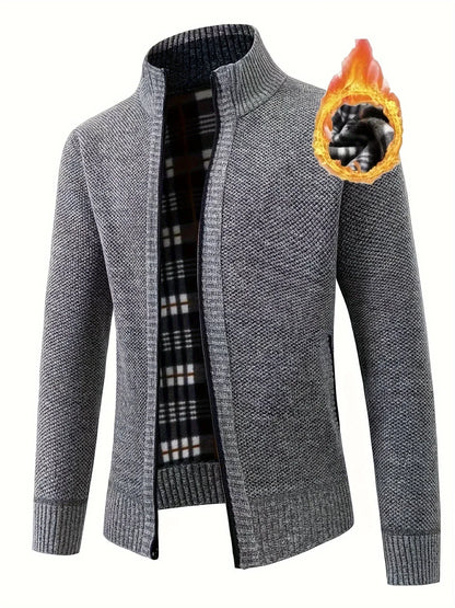 Men'S Thick Fleece Zip-Up Cardigan - Casual Long Sleeve Knit Sweater with Stand Collar, Solid Color, Regular Fit for Fall/Winter, Comfortable Layering Piece, Winter Cardigan, Autumn Outerwear, Modern Casualwear, Durable Fabri