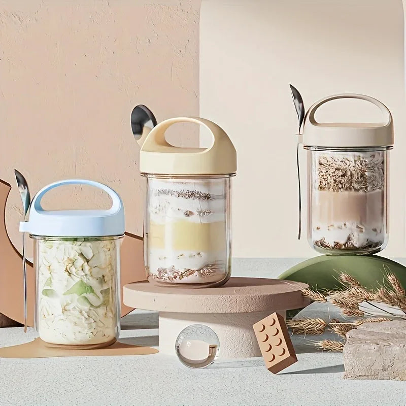 Glass Yogurt Cup with a Wide Mouth, Sealed Jar for Overnight Oats, Smoothie Cup, And a Breakfast Cup for Grains with a Spoon.
