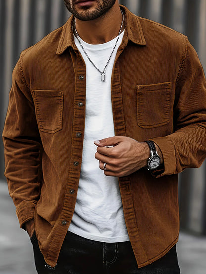 Men'S Corduroy Casual Shirt Jacket - Classic Collar, Button-Up Long Sleeve with Double Chest Pockets, Light Blue, Perfect for Spring & Fall, Everyday Fashion, Street Style, and Office Wear