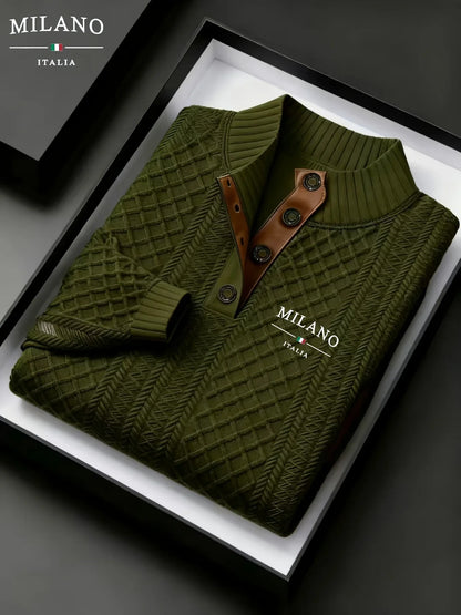 Men'S Autumn-Winter Christmas Stand Collar Jacquard Knit Sweater | Casual Style, 280g/m², High Collar, Button Details, Suitable for Outdoor Leisure and Holiday Gifts