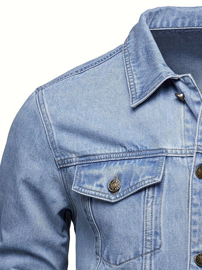 Men's Classic Blue Jeans-like Jacket - Button-Front Closure, Non-Stretch Denim, Relaxed Fit with Chest Pockets - Machine Washable Casual Everyday & Formal Wear Coat for Men