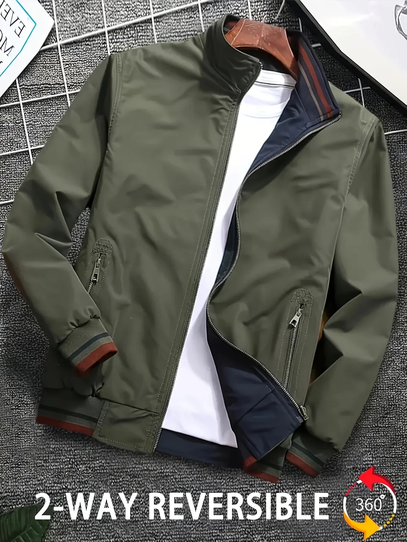 Men'S All-Season Casual Double-Sided Zip-Up Jacket with Stand Collar - Relaxed Fit Olive Green & Navy Blue Two-Tone Design, Front Zipper Closure, Functional Pockets, Durable Fabric for Casual Attire, Lightweight Layering, Mod