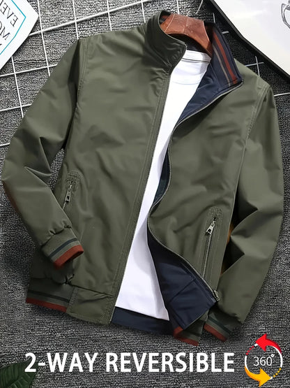Men'S All-Season Casual Double-Sided Zip-Up Jacket with Stand Collar - Relaxed Fit Olive Green & Navy Blue Two-Tone Design, Front Zipper Closure, Functional Pockets, Durable Fabric for Casual Attire, Lightweight Layering, Mod