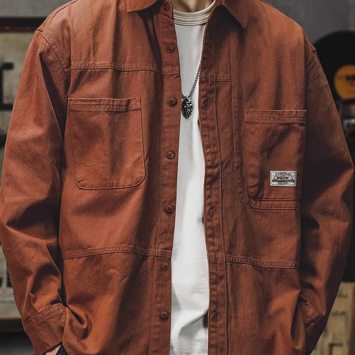 Men'S Cargo Shirt Spring Autumn Long Sleeve Top Vintage Workwear Style Multi-Pocket American Casual Top Outerwear, New Season - Rust / NZ 36