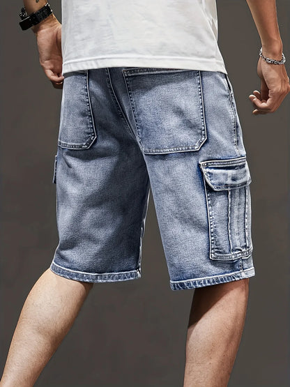 Men's Stretch Denim Shorts - Multi-Pocket Casual Streetwear with Knee-Length, Machine Washable Everyday & Formal Shorts for Urban Outfits - Non-See-Through Denim Construction