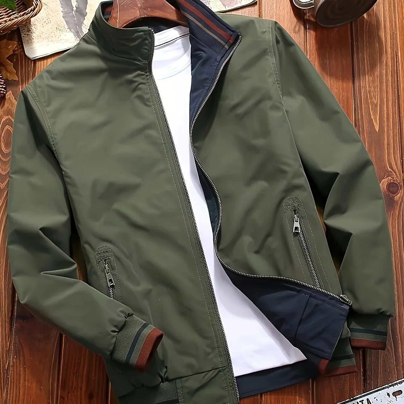 Men's Zip-Up Jacket with Stand Collar - Front Zipper Closure, Beige/ Navy Color Block, Lightweight Polyester Outer Coat for Casual & Formal Events - Machine Washable Everyday Outerwear