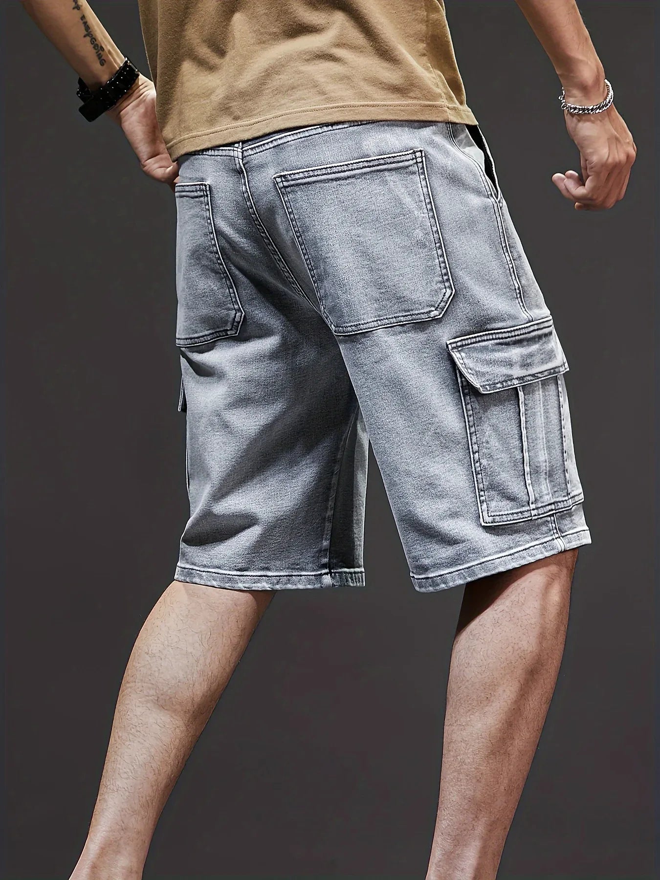 Men's Stretch Denim Shorts - Multi-Pocket Casual Streetwear with Knee-Length, Machine Washable Everyday & Formal Shorts for Urban Outfits - Non-See-Through Denim Construction