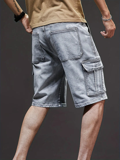 Men's Stretch Denim Shorts - Multi-Pocket Casual Streetwear with Knee-Length, Machine Washable Everyday & Formal Shorts for Urban Outfits - Non-See-Through Denim Construction