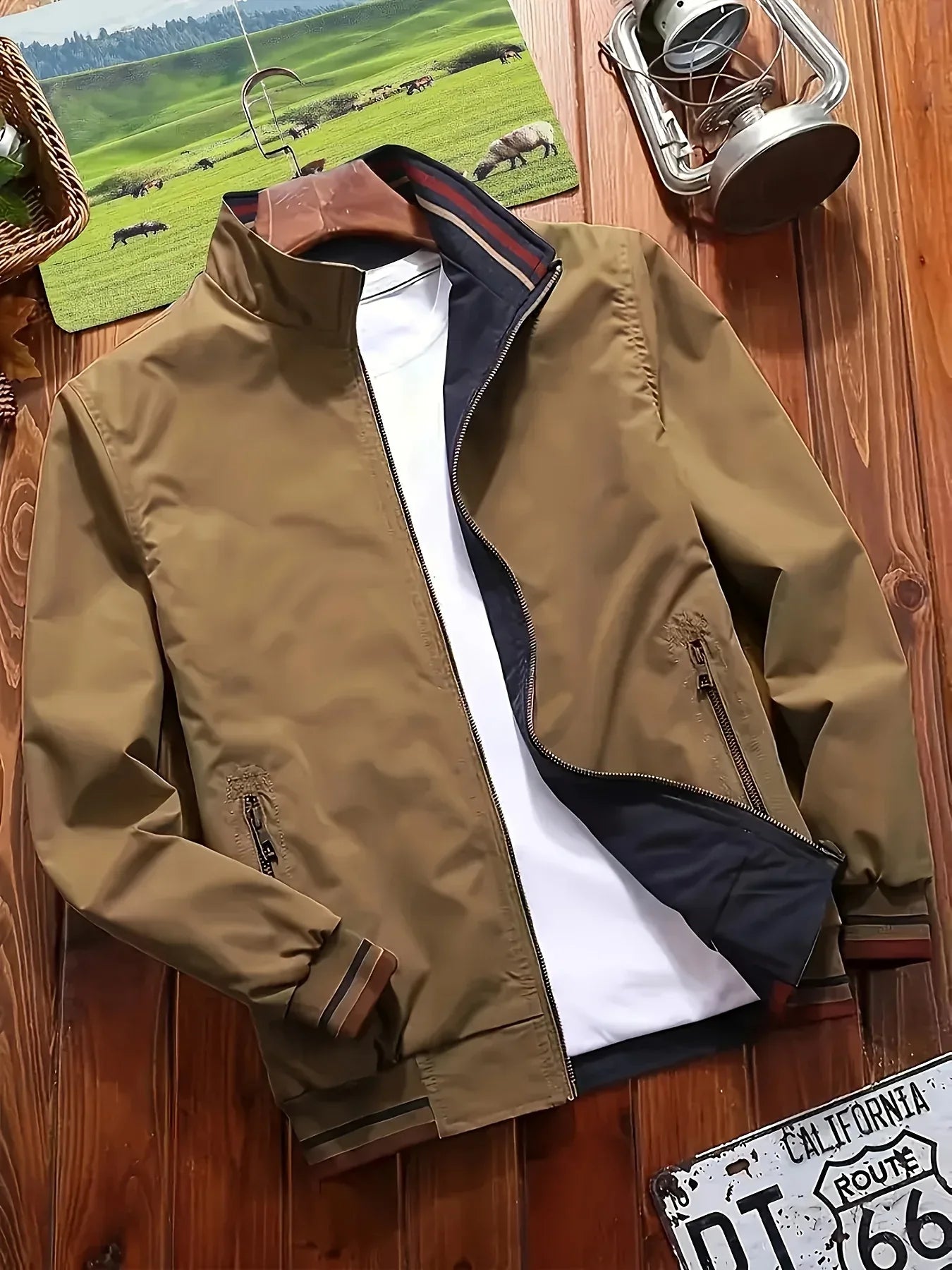 Men'S All-Season Casual Double-Sided Zip-Up Jacket with Stand Collar - Relaxed Fit Olive Green & Navy Blue Two-Tone Design, Front Zipper Closure, Functional Pockets, Durable Fabric for Casual Attire, Lightweight Layering, Mod