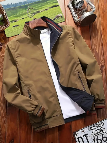 Men'S All-Season Casual Double-Sided Zip-Up Jacket with Stand Collar - Relaxed Fit Olive Green & Navy Blue Two-Tone Design, Front Zipper Closure, Functional Pockets, Durable Fabric for Casual Attire, Lightweight Layering, Mod