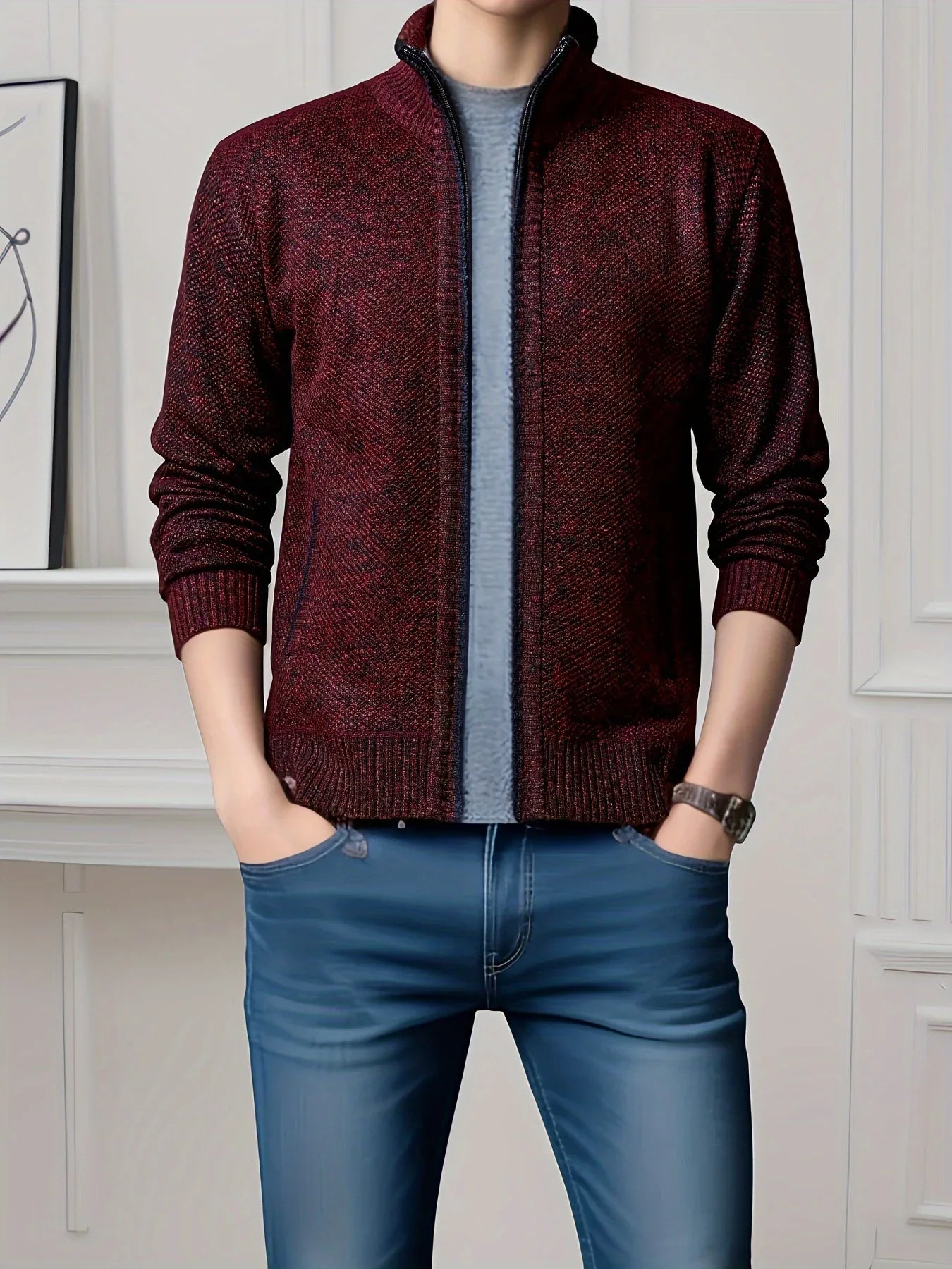 Men'S Knitted Cardigan Sweater | High Neck, Long Sleeve, Rib-Knit, All-Season, Casual Style