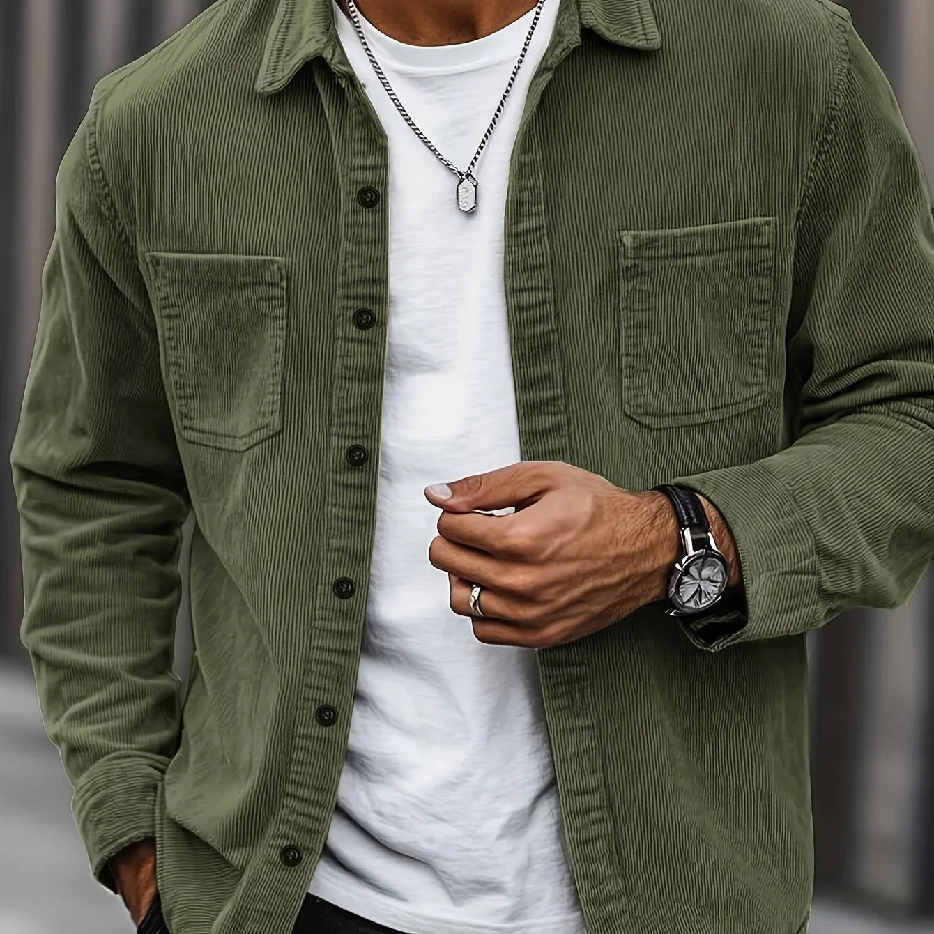 Men'S Corduroy Casual Shirt Jacket - Classic Collar, Button-Up Long Sleeve with Double Chest Pockets, Light Blue, Perfect for Spring & Fall, Everyday Fashion, Street Style, and Office Wear
