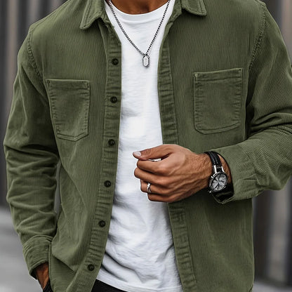Men'S Corduroy Casual Shirt Jacket - Classic Collar, Button-Up Long Sleeve with Double Chest Pockets, Light Blue, Perfect for Spring & Fall, Everyday Fashion, Street Style, and Office Wear