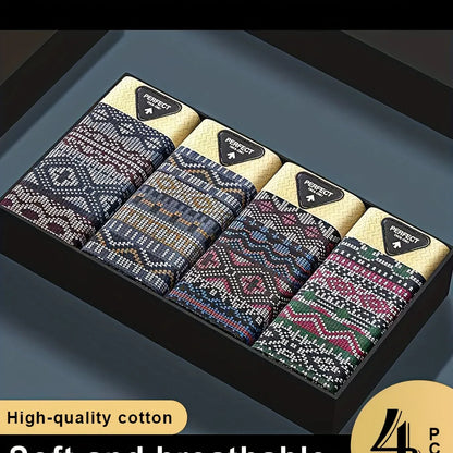 4-Pack Men's Boxer Briefs, Light Luxury Fashion, Ethnic Style Printing Comfortable Breathable Underwear, Comfortable Undergarments, Leisure Clothing, Fashion Underwear, Stylish Boxer Briefs, Premium Quality, Lightweight Under