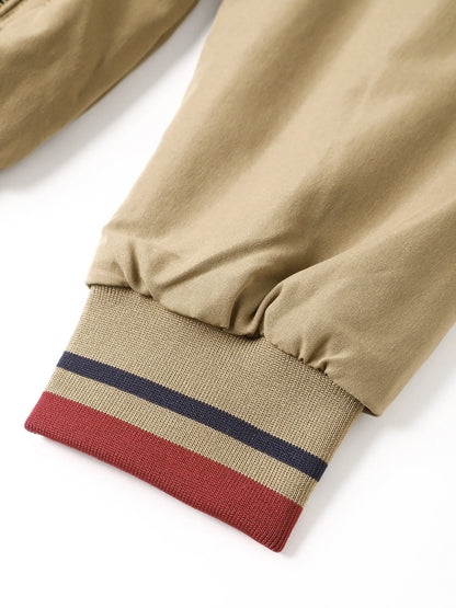 Men's Zip-Up Jacket with Stand Collar - Front Zipper Closure, Beige/ Navy Color Block, Lightweight Polyester Outer Coat for Casual & Formal Events - Machine Washable Everyday Outerwear