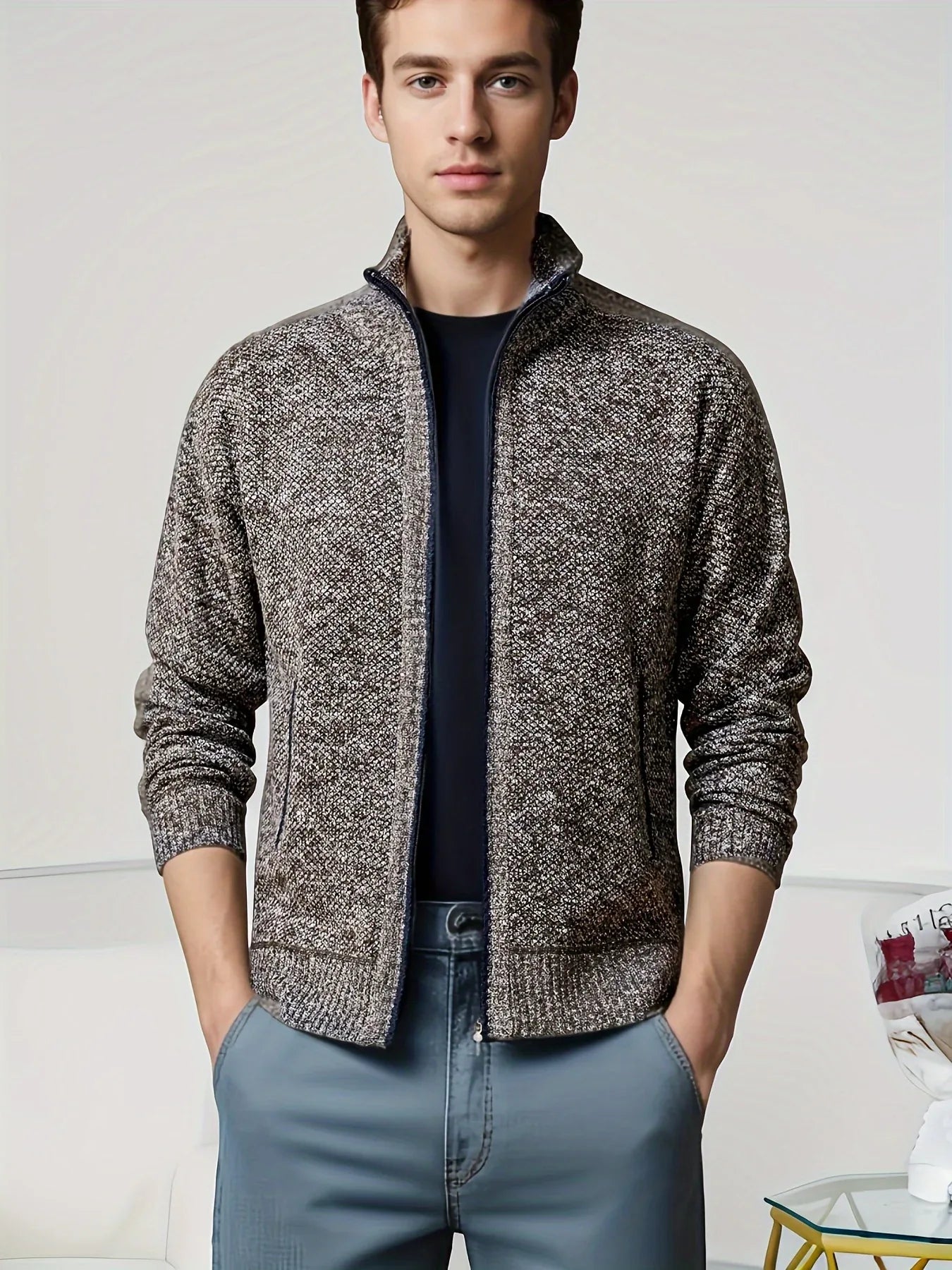 Men'S Knitted Cardigan Sweater | High Neck, Long Sleeve, Rib-Knit, All-Season, Casual Style