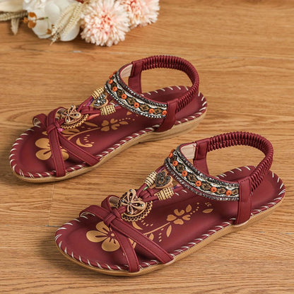 Women's Elegant Rhinestone Butterfly Flat Sandals - Comfortable Slip-On with Secure Elastic Strap for Summer - Montero Milan