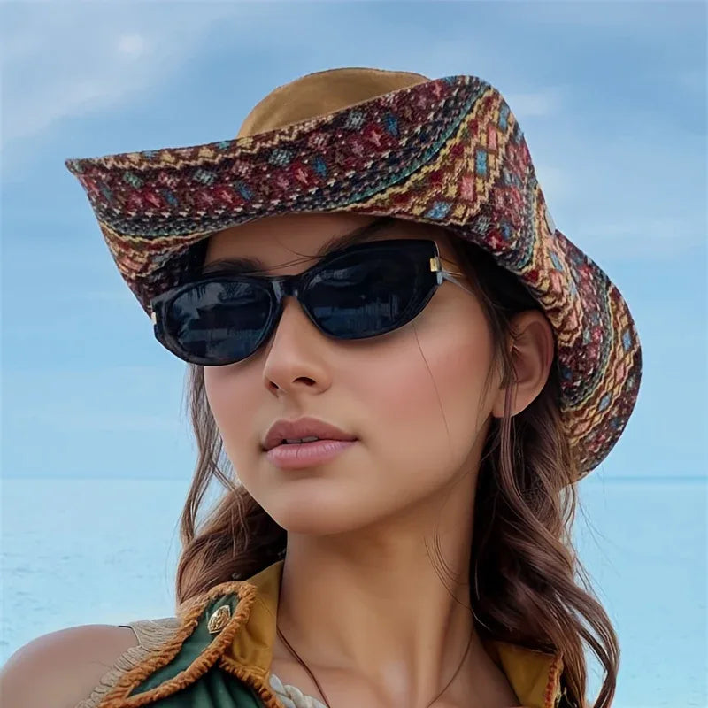 2-Way Adjustable Women's Bohemian Embroidered Sun Hat - Wide Brim Windproof Fisherman Hat with Vibrant Geometric Patterns, All-Season Outdoor Travel & Hiking Accessory for Beach, Mountaineering, Tourism, Fishing Hat, Mountain