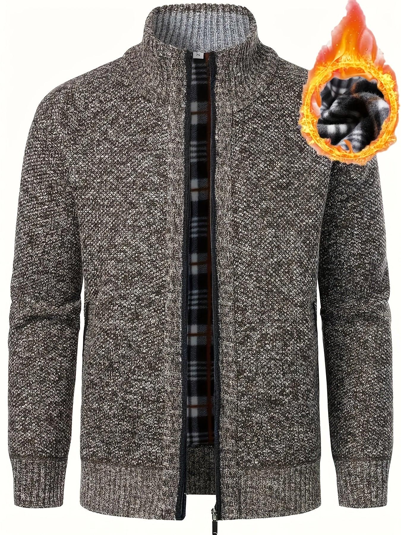 Men'S Thick Fleece Zip-Up Cardigan - Casual Long Sleeve Knit Sweater with Stand Collar, Solid Color, Regular Fit for Fall/Winter, Comfortable Layering Piece, Winter Cardigan, Autumn Outerwear, Modern Casualwear, Durable Fabri