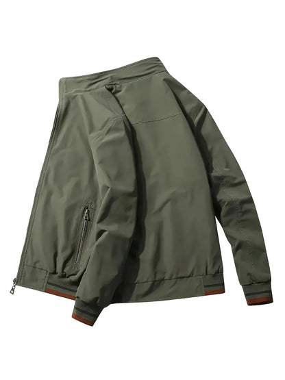 Men'S All-Season Casual Double-Sided Zip-Up Jacket with Stand Collar - Relaxed Fit Olive Green & Navy Blue Two-Tone Design, Front Zipper Closure, Functional Pockets, Durable Fabric for Casual Attire, Lightweight Layering, Mod