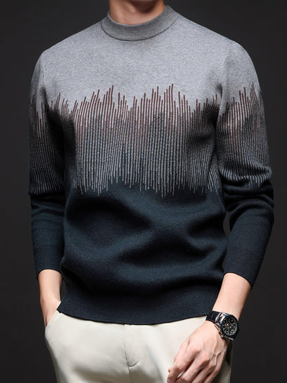 Men's Winter Warm Vertical Stripe Sweater - Dark Grey/Black Gradient Knit Pullover with Tapered Tail Hem, Casual & Outdoor Long Sleeve Round Neck Sweater for,, Office - All-Season Layering (Beige/White)