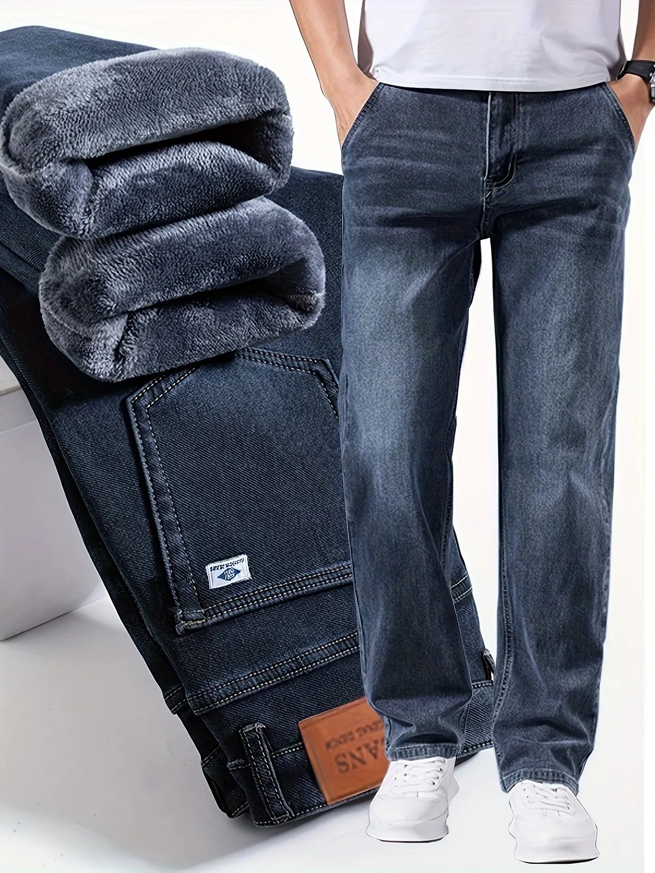 Winter New Arrival Fleece-Lined Thickened Minimalist Stretch blue trousers, long pants