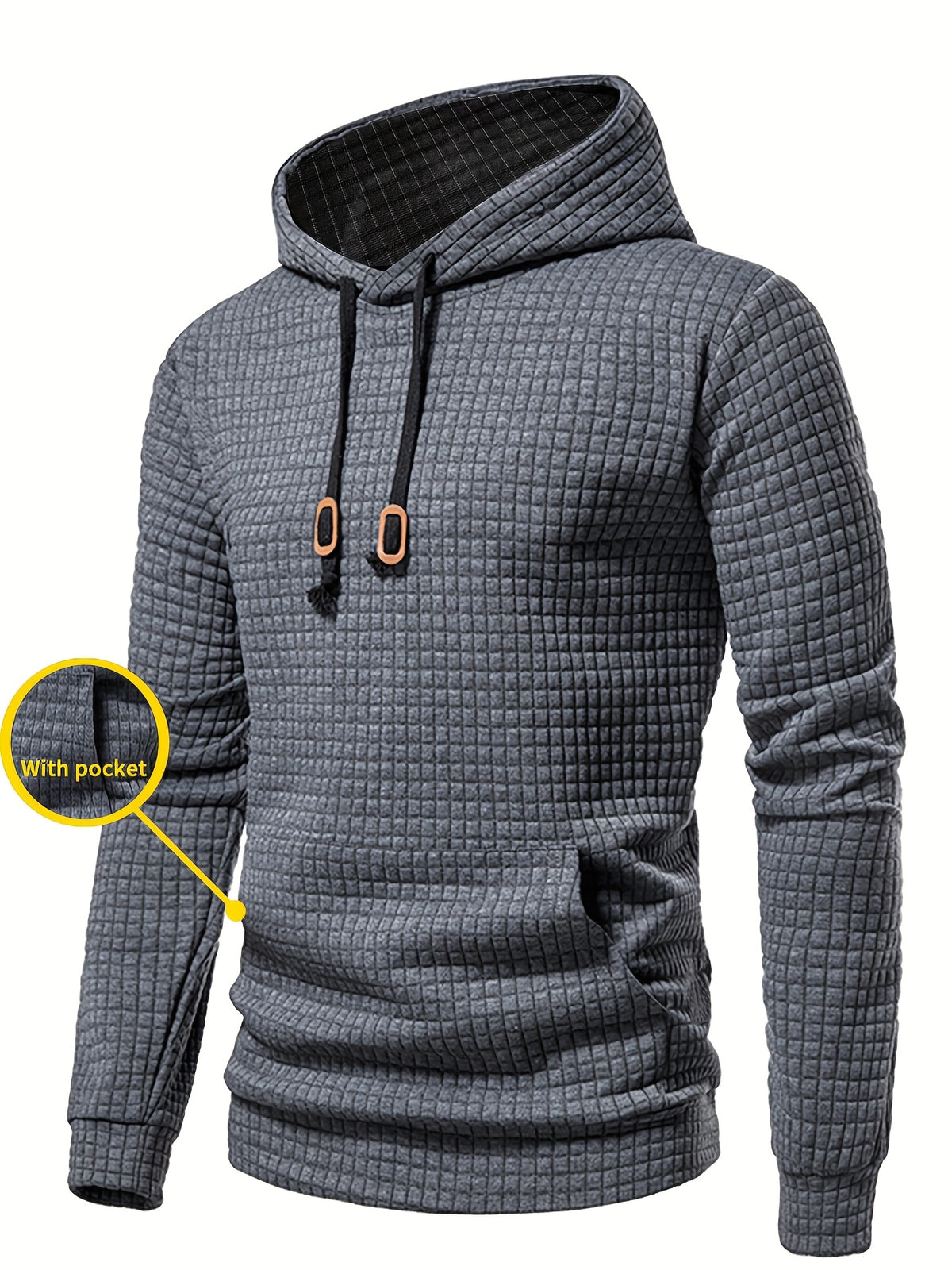 Waffle Pattern Solid Hoodie, Cool Hoodies for Men, Men'S Casual Pullover Hooded Sweatshirt with Kangaroo Pocket Streetwear for Winter Fall, As Gifts