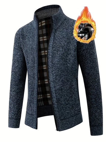 Men'S Thick Fleece Zip-Up Cardigan - Casual Long Sleeve Knit Sweater with Stand Collar, Solid Color, Regular Fit for Fall/Winter, Comfortable Layering Piece, Winter Cardigan, Autumn Outerwear, Modern Casualwear, Durable Fabri