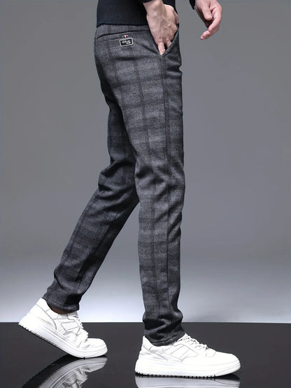 Men's Slim-Fit Plaid Casual Pants - Stretchy, Warm Fleece-Lined for Fall/Winter, Machine Washable