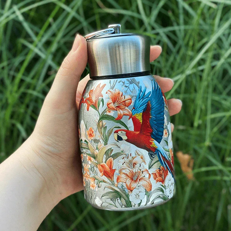 1pc Stainless Steel Vacuum Insulated Tumbler with Bird/Parrot/Leopard Pattern, 10oz Leak-Proof Travel Mug, Glossy Finish, Portable Handle, Artistic Drinkware, Perfect for Outdoor, Gym, Office, Ideal Holiday Gift for Christmas